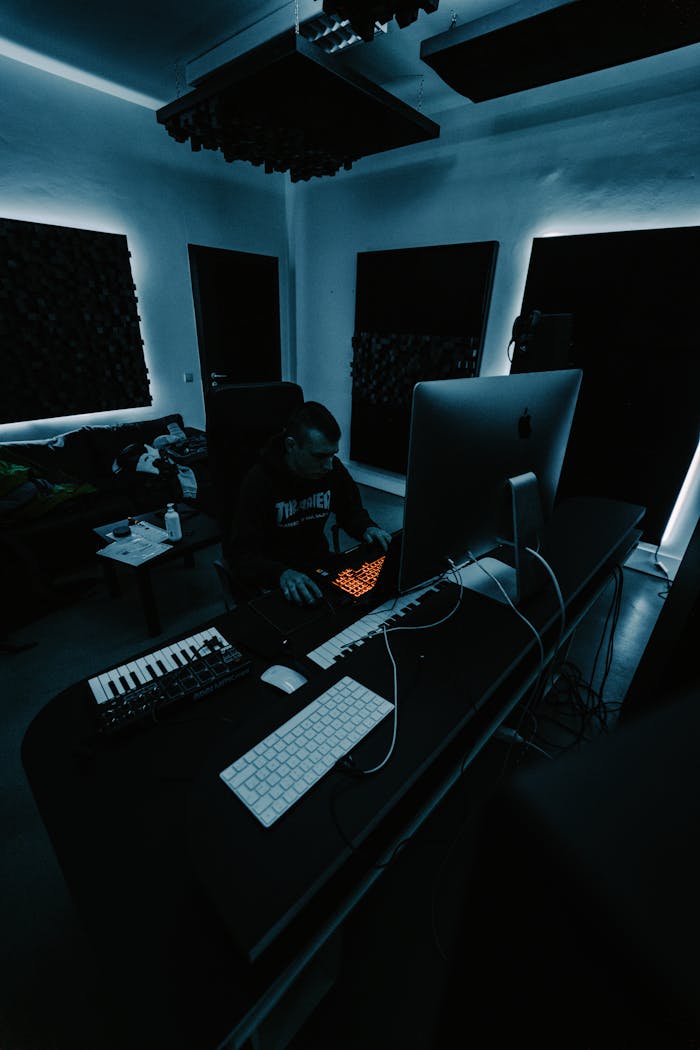 A focused music producer working on a project in a dimly lit professional studio with keyboards and monitors.